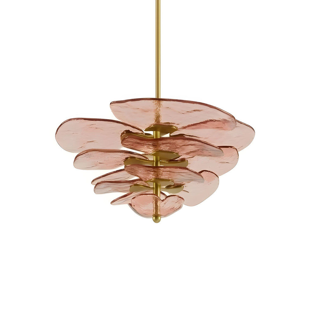 Pink Clérachic chandelier on white, with dusty-rose glass petals stacked on brass spacers around a thin rod.