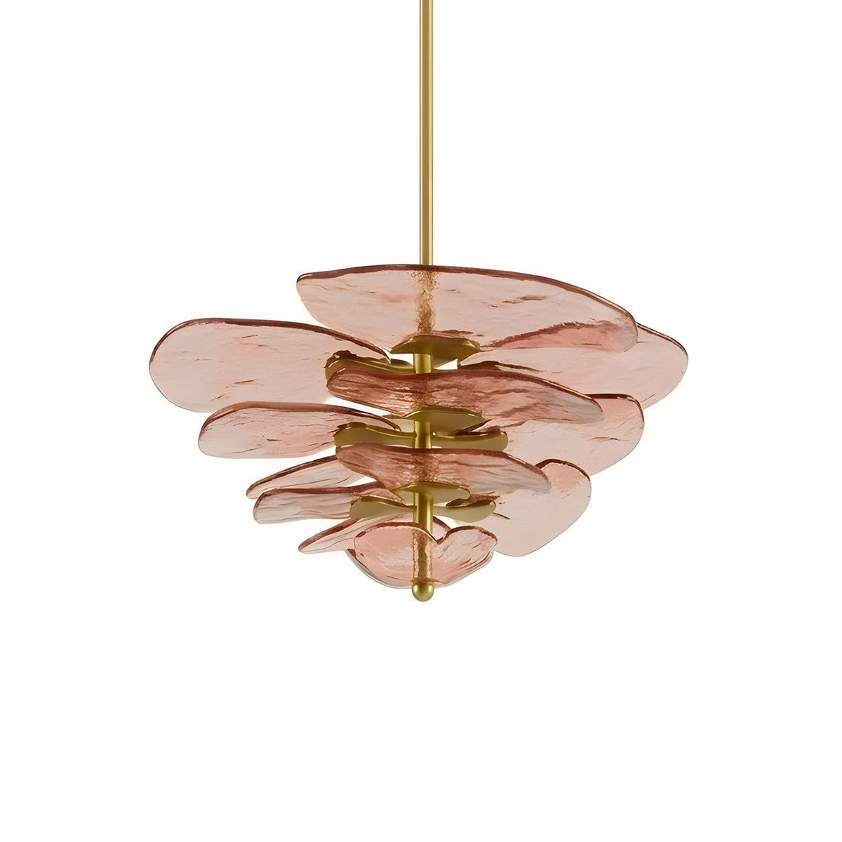 Pink Clérachic chandelier on white, with dusty-rose glass petals stacked on brass spacers around a thin rod.
