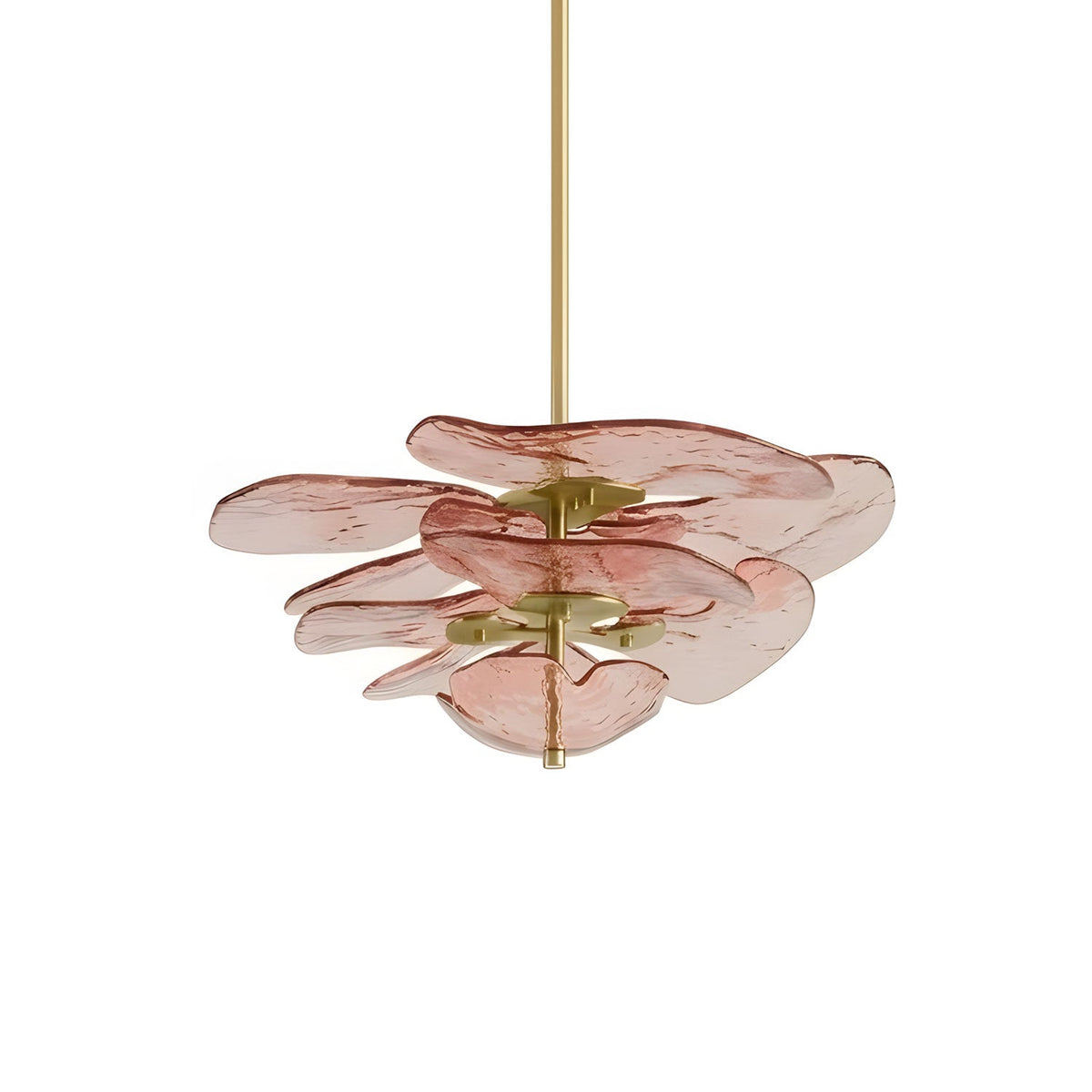 Low, wide pink Clérachic chandelier on white, with a few translucent petals fanned out around a brass spindle.