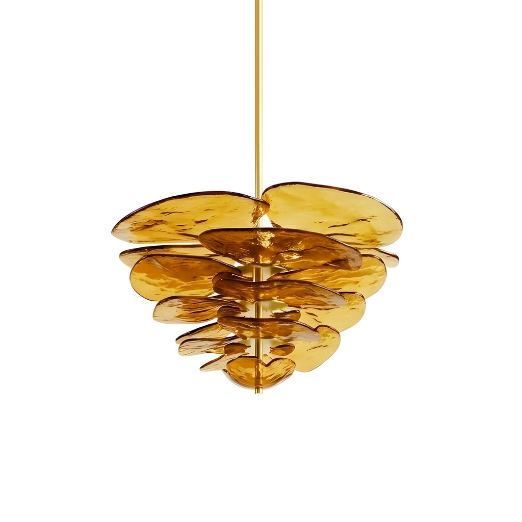 Amber Clérachic chandelier on white, with deep honey-gold glass petals stacked tightly around a brass rod.