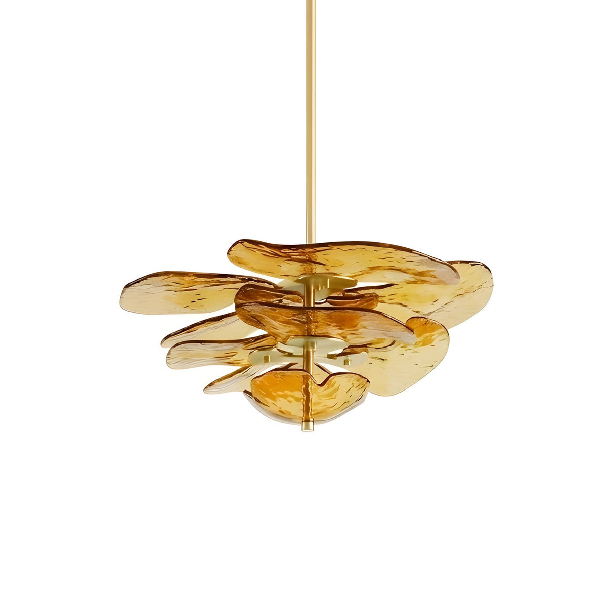Compact amber Clérachic chandelier on white, with light gold glass petals fanned out around brass spacers.