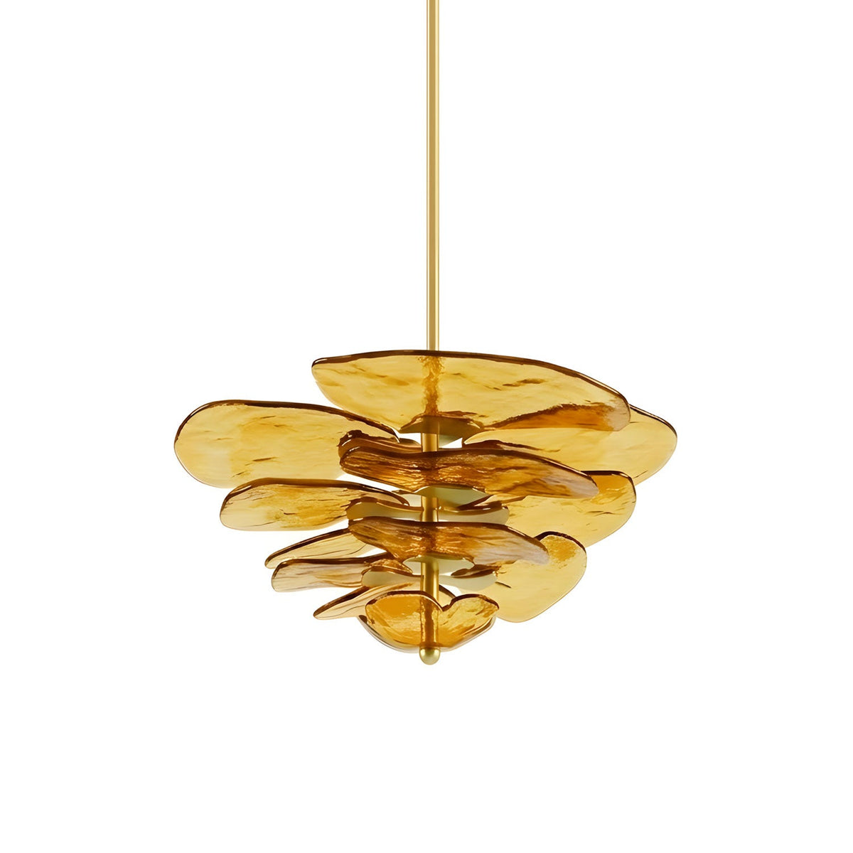 Amber Clérachic chandelier on white, its golden-yellow petals layered in tiers beneath a thin brass rod.