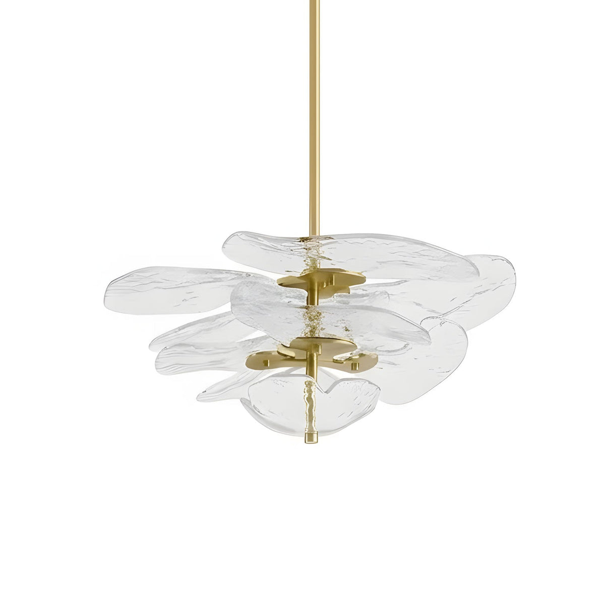 Clear glass Clérachic chandelier on white, with pale petals fanned out on brass spacers around a thin rod.