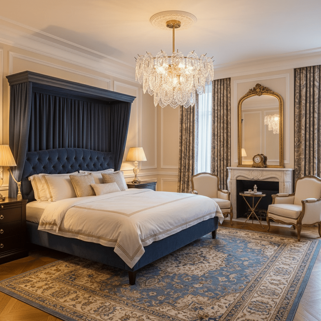 Layered clear-glass Clérachic pendant glowing above a navy upholstered bed in a classic bedroom with a patterned rug.