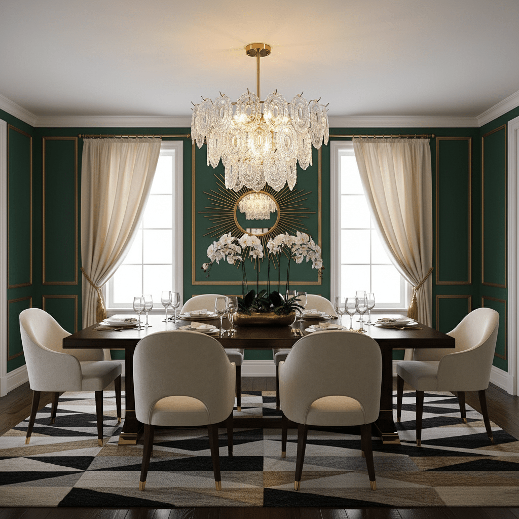 Clérachic gold pendant with clear textured glass shades over a dark dining table in a green-panelled room with cream curtains.