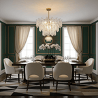 Clérachic gold pendant with clear textured glass shades over a dark dining table in a green-panelled room with cream curtains.