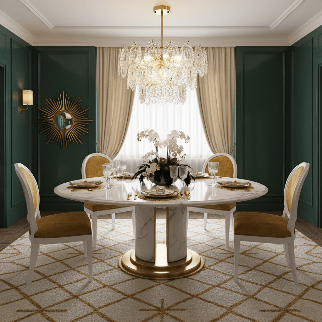 A Clérachic glass pendant on a gold stem above a round white marble dining table, set against green panelling and a sunburst mirror.