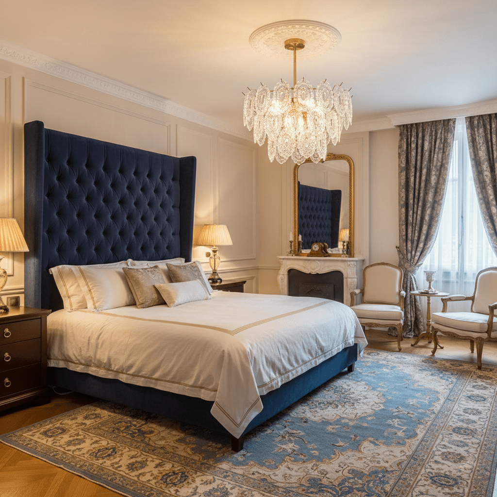 Tiered Clérachic glass pendant under a plaster ceiling rose, above a tall navy headboard and a blue patterned rug.