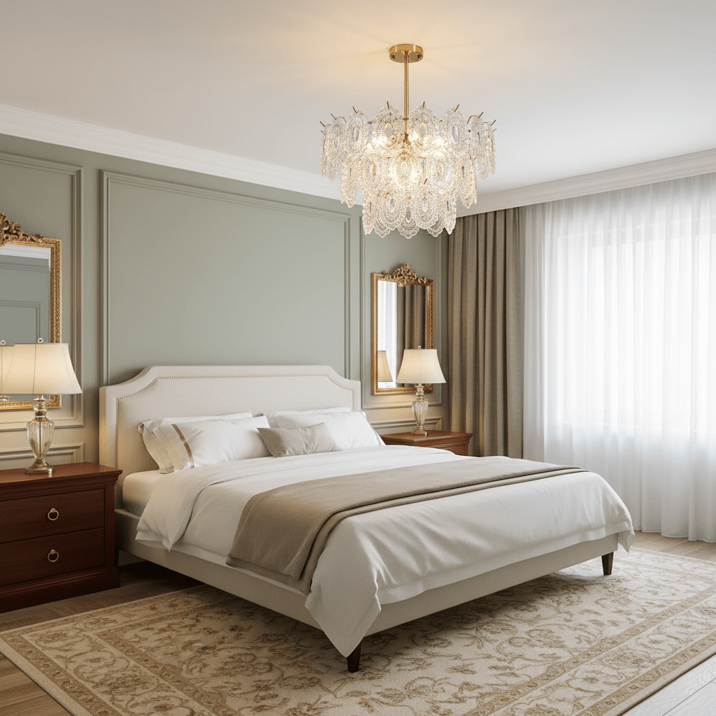 Clérachic gold and clear-glass pendant above a cream bed in a pale sage bedroom with sheer white curtains.