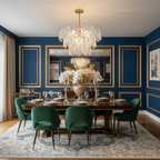 This Clérachic pendant hangs over a long dining table with green velvet chairs, in front of a blue wall with gold-trimmed panels.