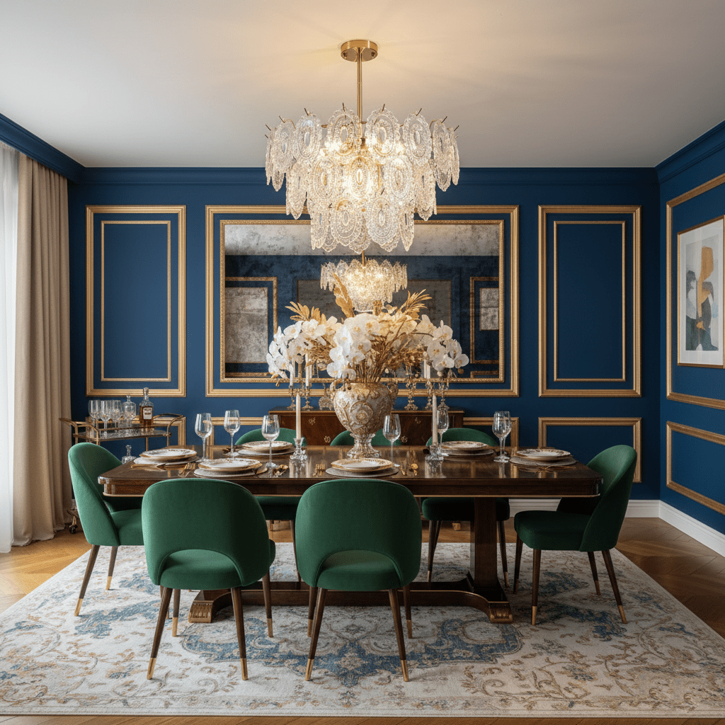 This Clérachic pendant hangs over a long dining table with green velvet chairs, in front of a blue wall with gold-trimmed panels.
