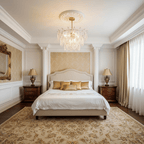 Clérachic textured-glass pendant under a decorative ceiling rose, centred over a cream bed in a white panelled bedroom.
