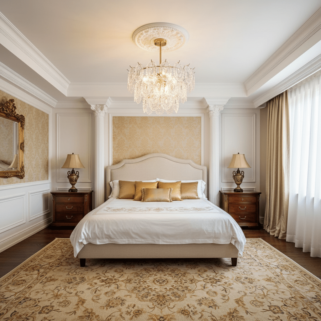 Clérachic textured-glass pendant under a decorative ceiling rose, centred over a cream bed in a white panelled bedroom.