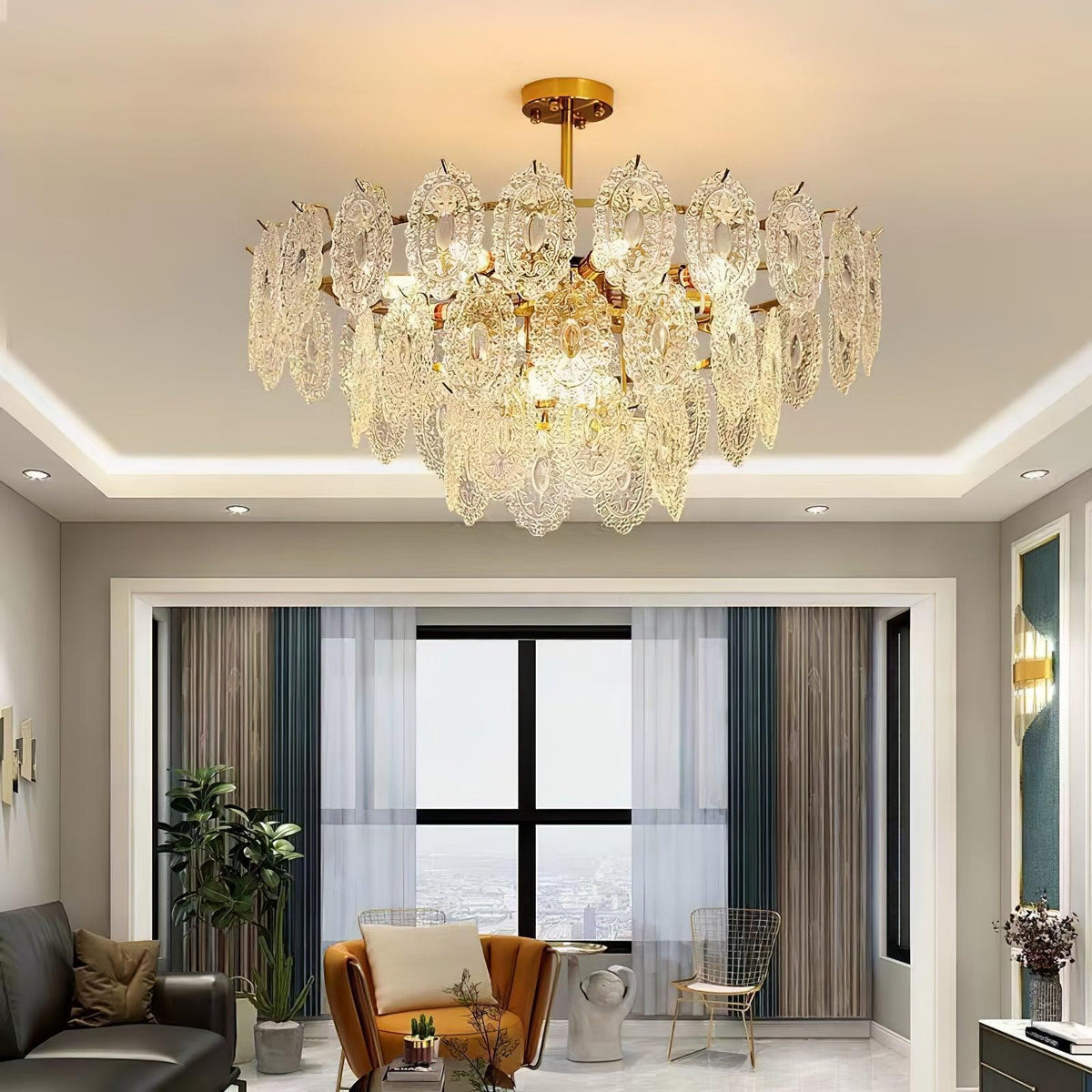 Wide Clérachic glass pendant glowing under a recessed ceiling edge in a living room with a tan armchair and a tall window.