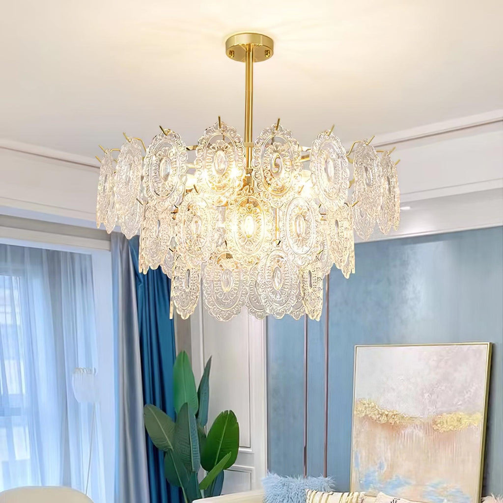 Clérachic glass pendant in a living room with white curtains, a blue wall and a large abstract painting in pale gold tones.