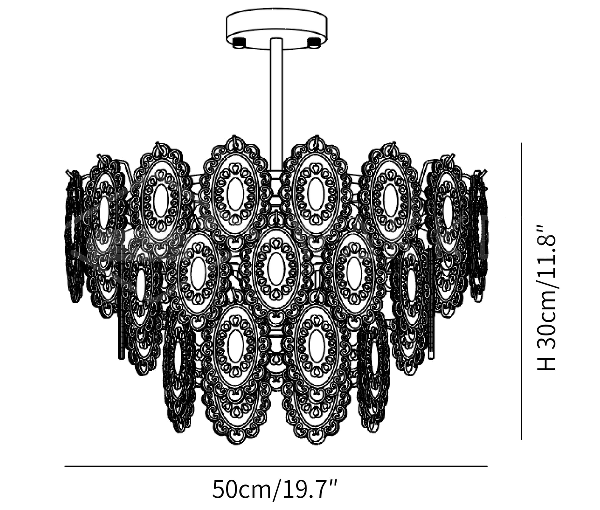Dimension drawing of this Clérachic pendant in the 50 cm size, with its height and width marked.