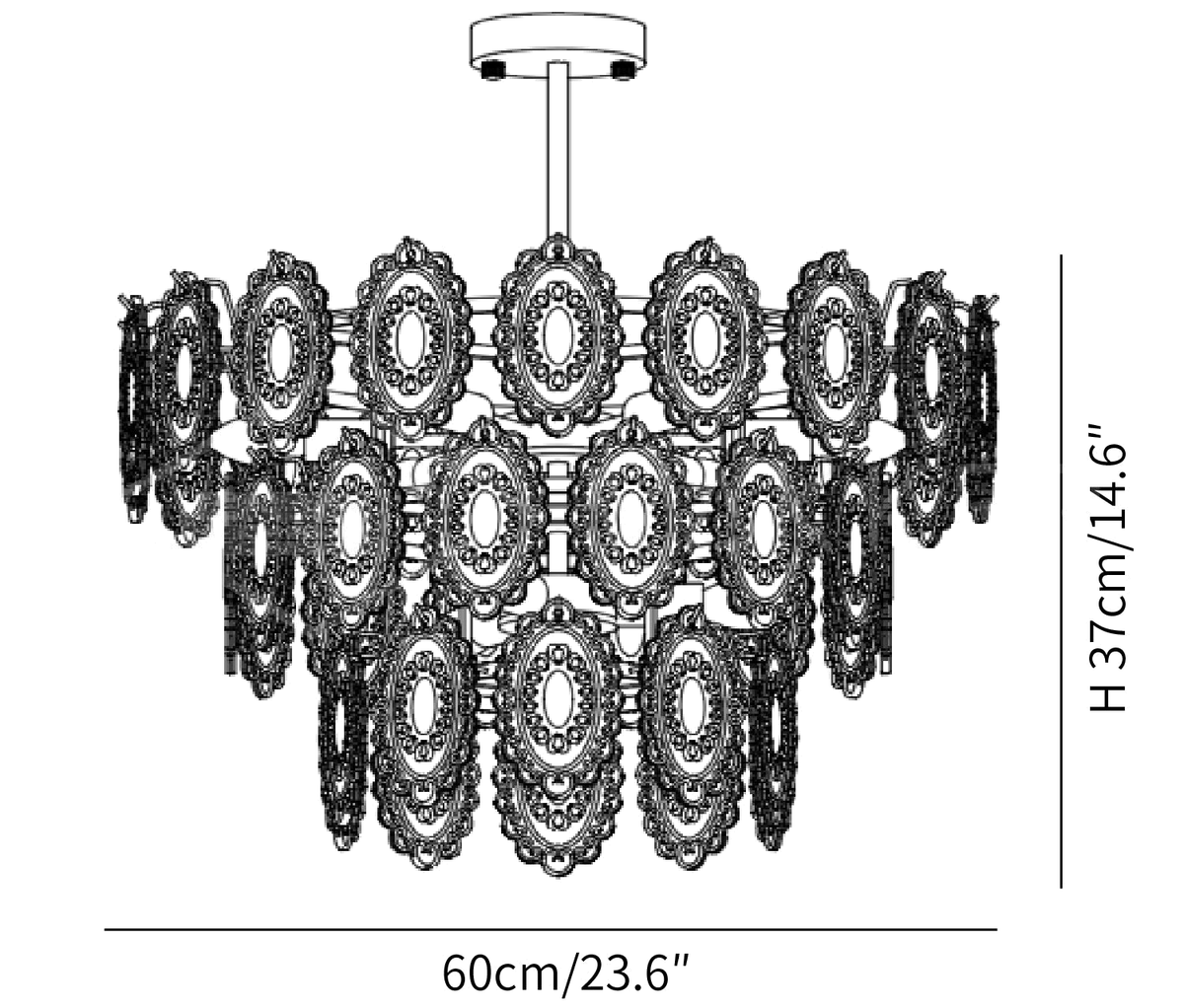 Dimension drawing of this Clérachic pendant in the 60 cm size, with its height and width marked.