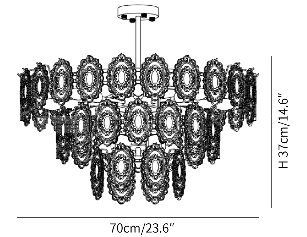 Dimension drawing of this Clérachic pendant in the 70 cm size, with its height and width marked.
