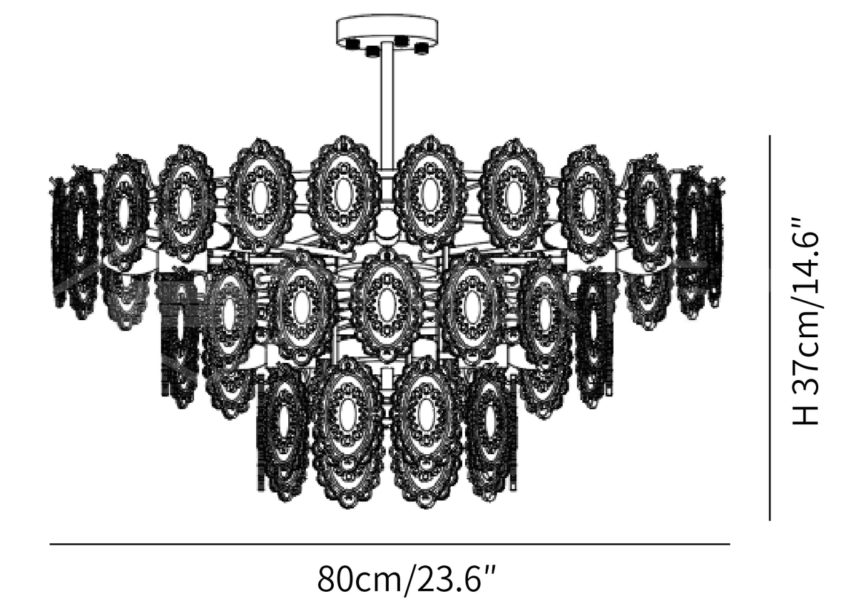 Dimension drawing of this Clérachic pendant in the 80 cm size, with its height and width marked.