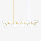 Gold branched chandelier with clear glass globes around white inner shades, hung from two rods on a plain white backdrop from Clérachic.