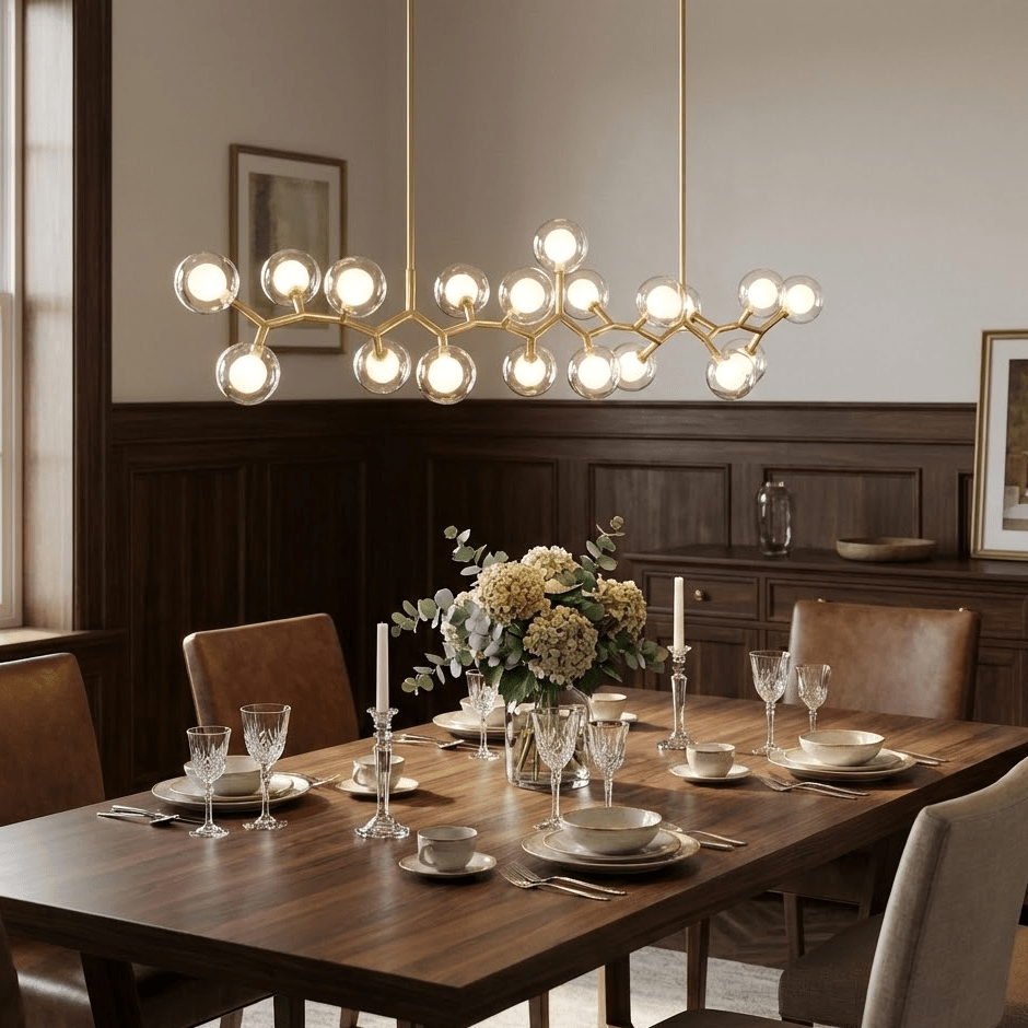 Lit Clérachic globe chandelier hung over a dark wood dining table set with glassware and flowers, with wood panelling behind.