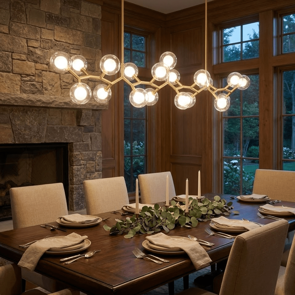 Clérachic gold-branch chandelier glowing over a long wooden dining table, with a stone fireplace and tall windows beyond.