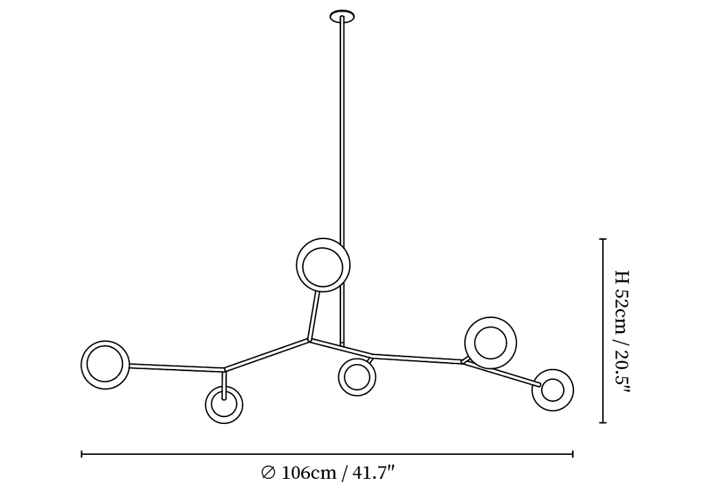 Clérachic chandelier dimension drawing, 1 of 3, every measurement marked in centimetres and inches.