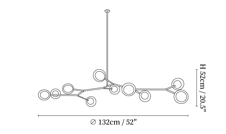 Clérachic chandelier dimension drawing, 2 of 3, every measurement marked in centimetres and inches.