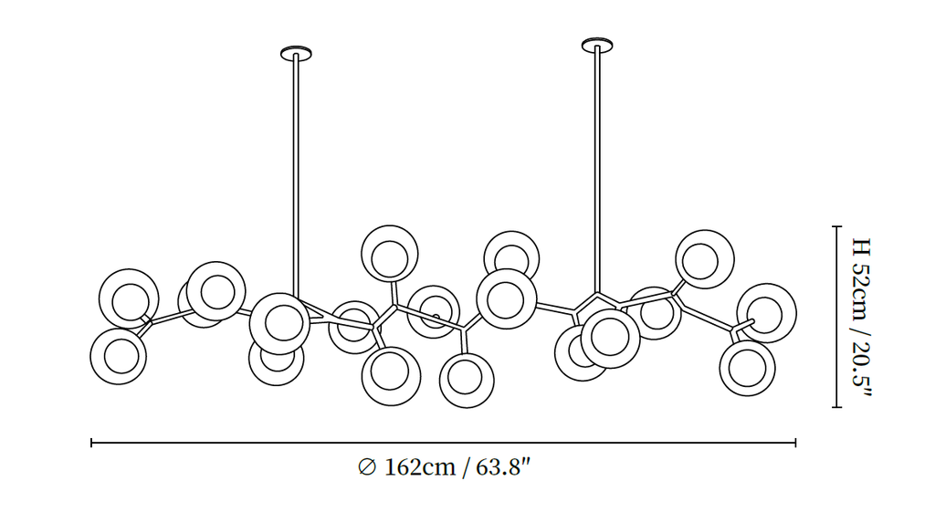 Clérachic chandelier dimension drawing, 3 of 3, every measurement marked in centimetres and inches.