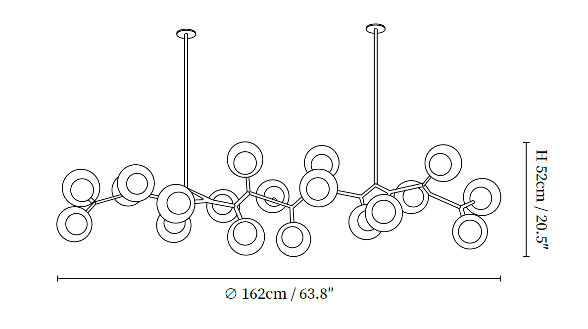Clérachic chandelier dimension drawing, 3 of 3, every measurement marked in centimetres and inches.