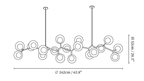 Clérachic chandelier dimension drawing, 3 of 3, every measurement marked in centimetres and inches.