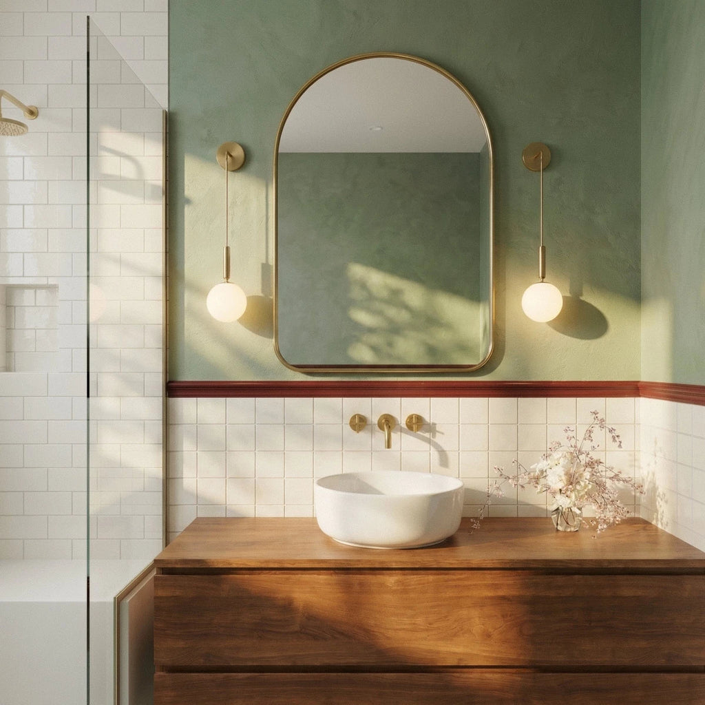 Pair of Clérachic gold globe wall sconces flanking an arched mirror above a green bathroom vanity in walnut.
