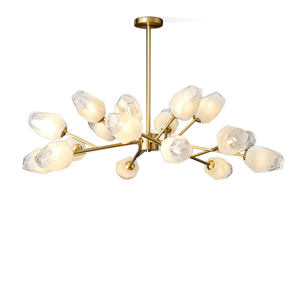 Studio view of a gold chandelier with frosted, faceted glass shades, a Clérachic light on a white background.