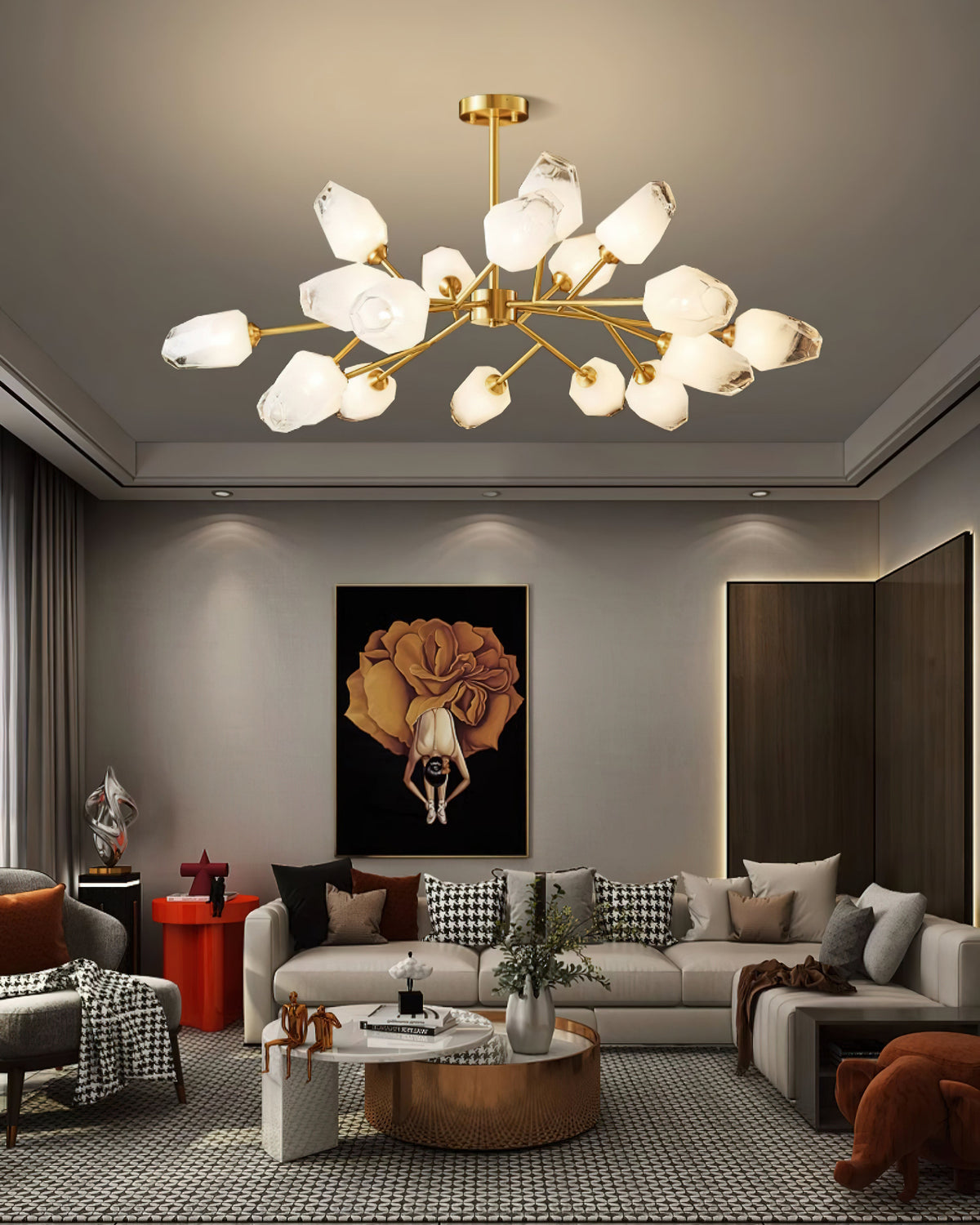 Clérachic chandelier lit in a grey living room with a coffered ceiling and a bold orange framed picture on the wall.