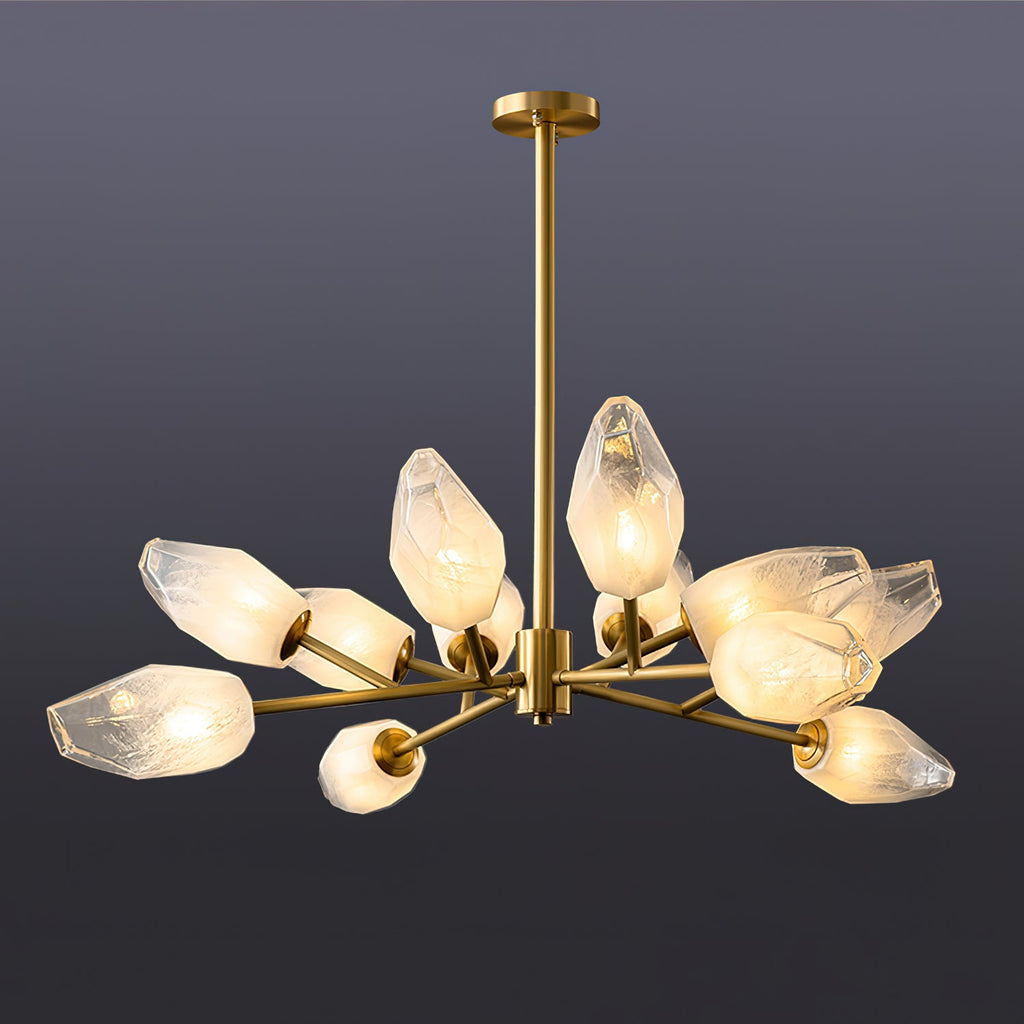 Chandelier with a long brass rod and a dozen frosted shades, a Clérachic light on a grey-blue background.