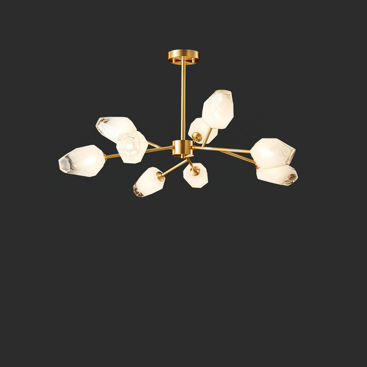 Chandelier with eight frosted shades on a brass frame, a Clérachic light against a charcoal background.