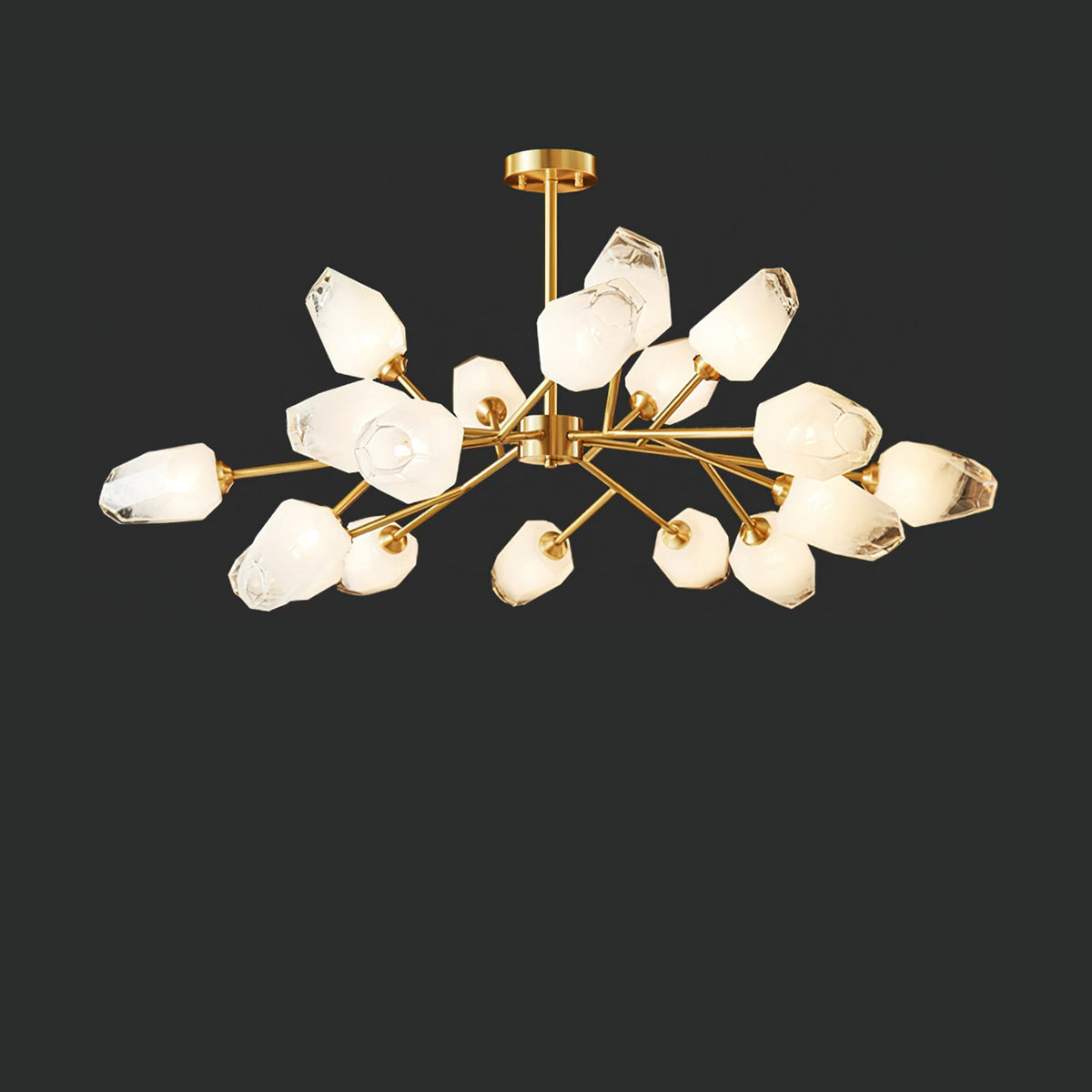 The widest Clérachic chandelier arrangement, with brass arms and many lit frosted shades, on a charcoal background.