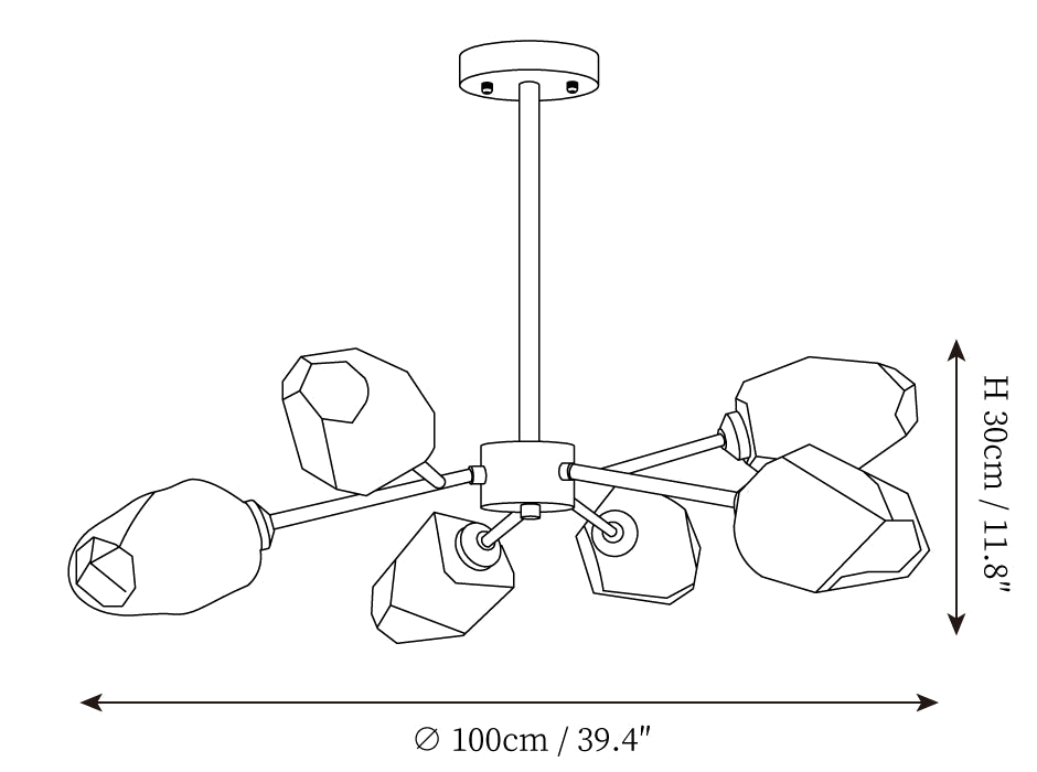 Dimension drawing of this Clérachic chandelier, with its height and width marked.