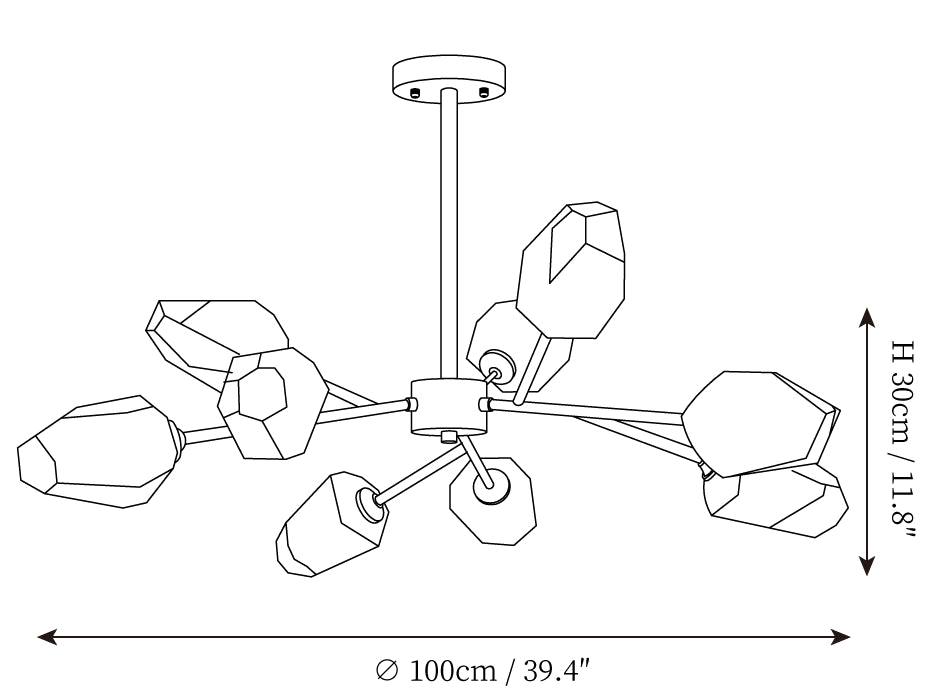 Dimension drawing of this Clérachic chandelier in its nine-arm form, with its height and width marked.