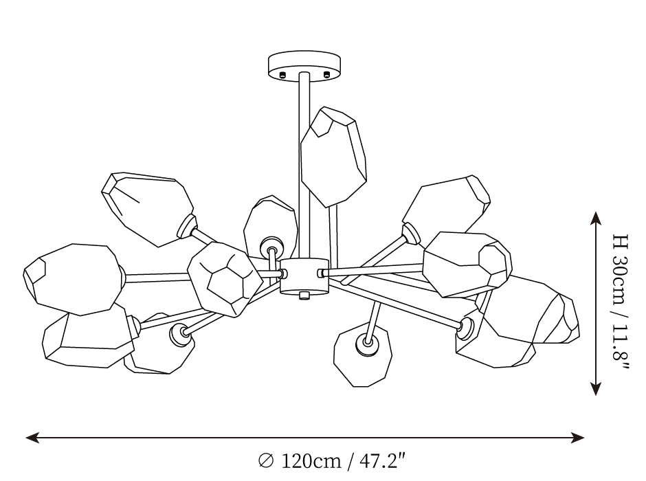 Dimension drawing of this Clérachic chandelier in its larger form, with its height and width marked.