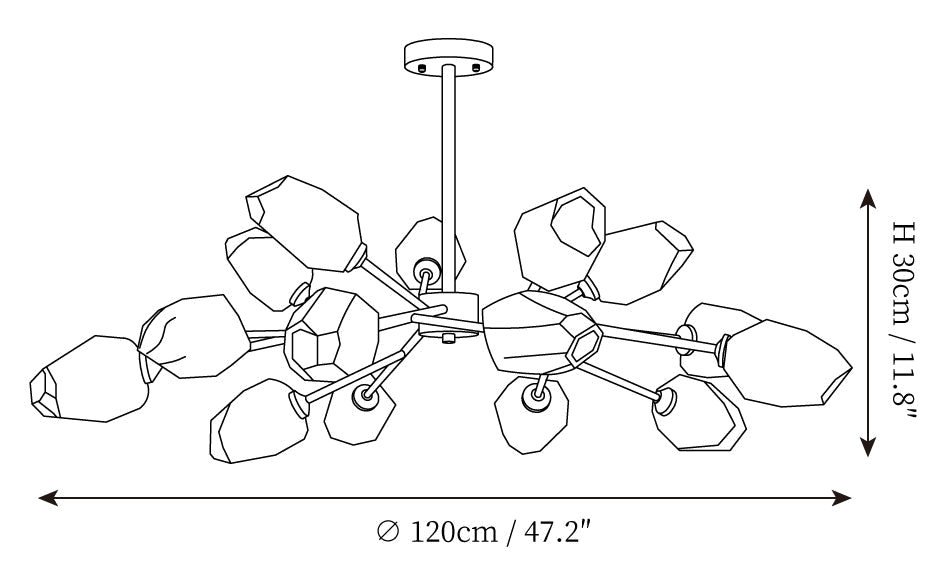 Dimension drawing of this Clérachic chandelier in its fuller arrangement, with its height and width marked.