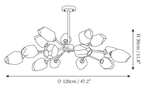 Dimension drawing of this Clérachic chandelier in its fuller arrangement, with its height and width marked.