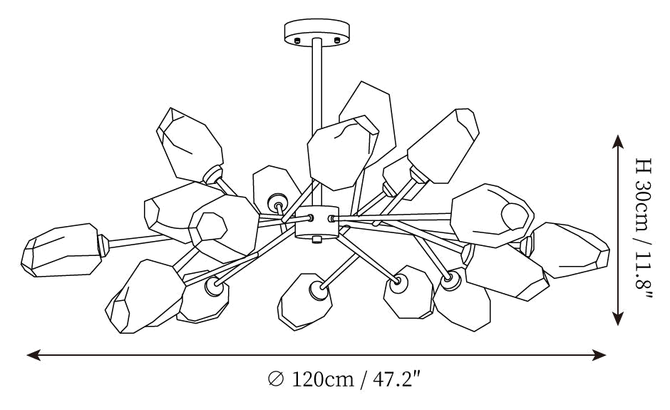 Dimension drawing of this Clérachic chandelier in its largest arrangement, with its height and width marked.