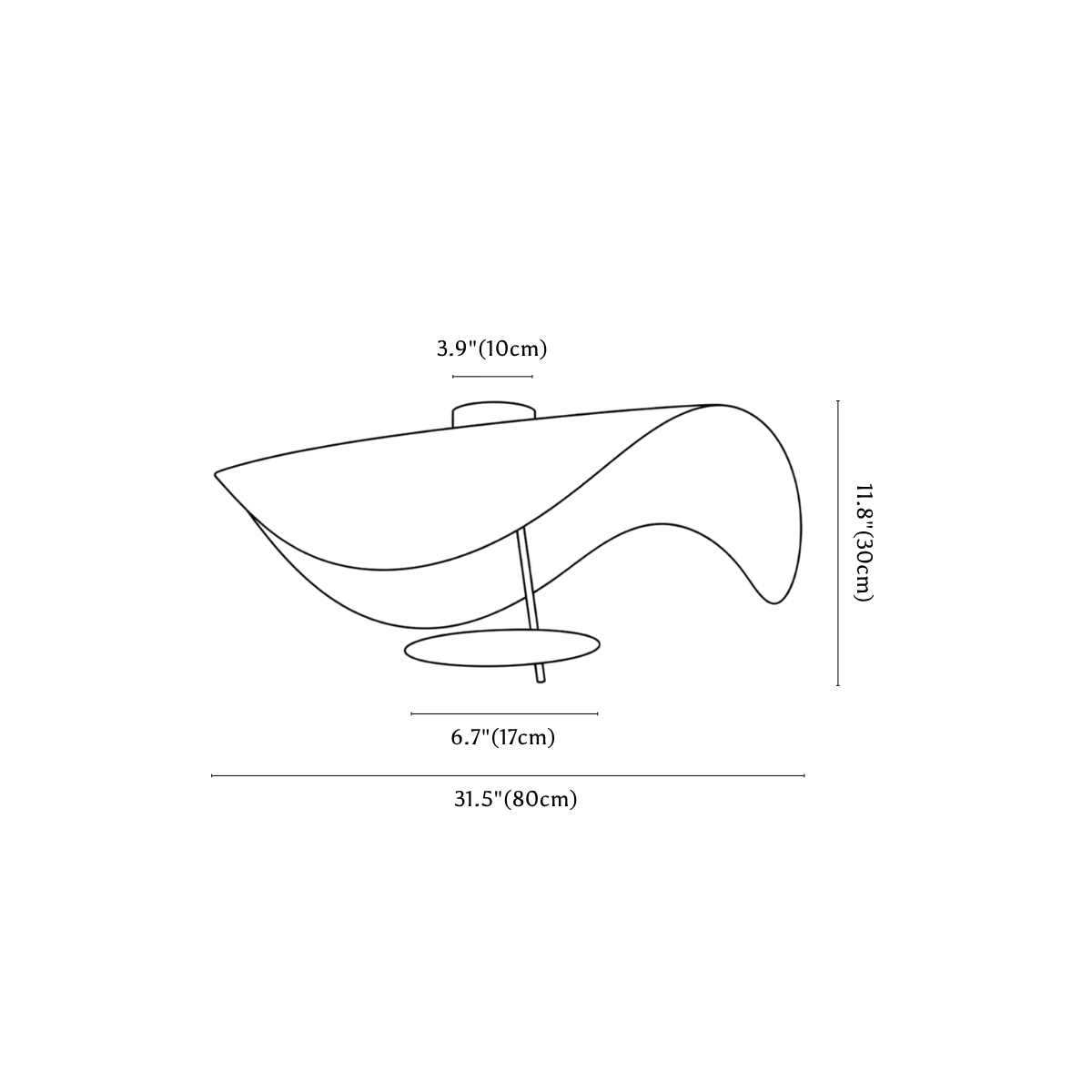 Clérachic ceiling light dimension drawing, 3, every measurement marked in centimetres and inches.