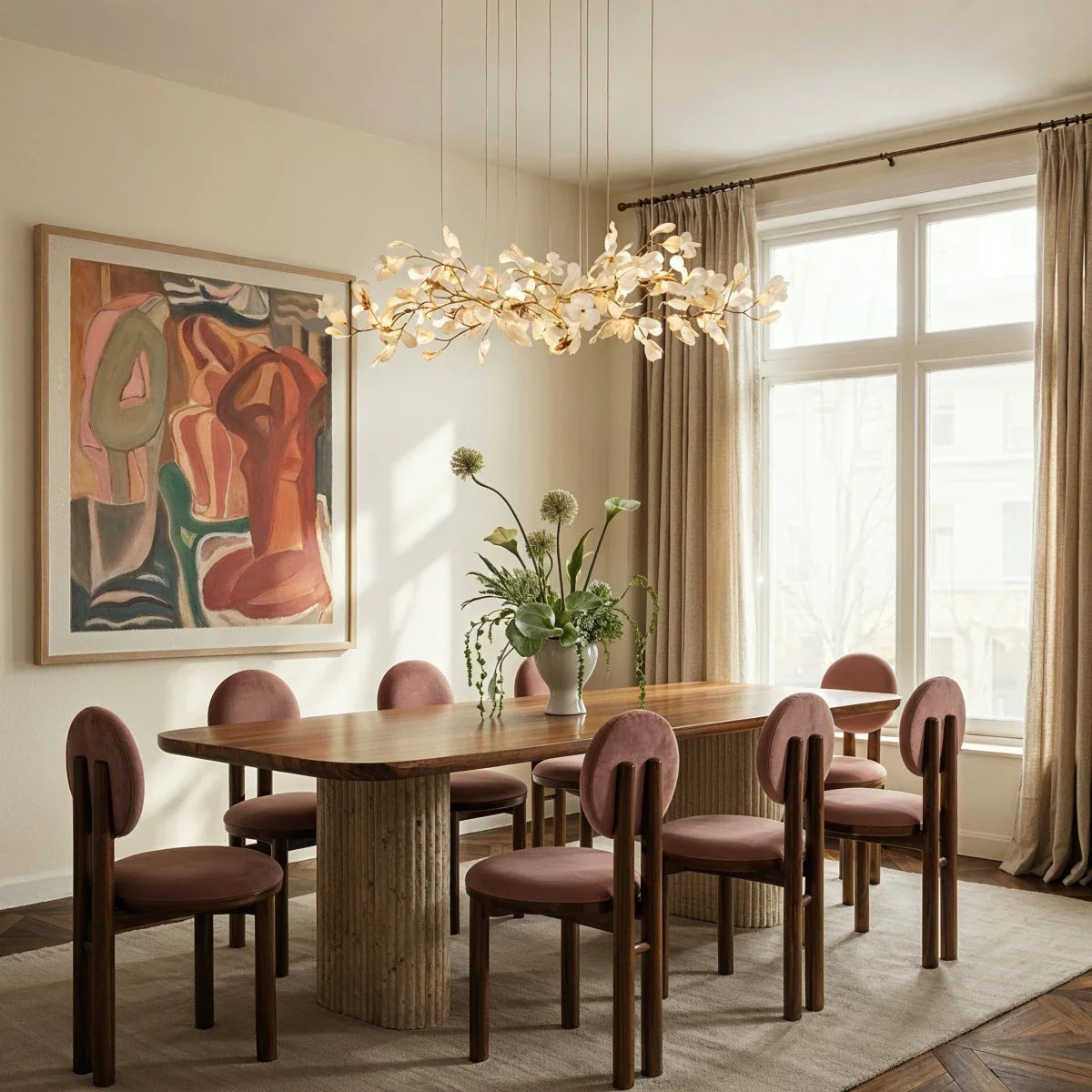 Clérachic linear leaf chandelier above a long wooden dining table with rose velvet chairs and a large abstract painting.