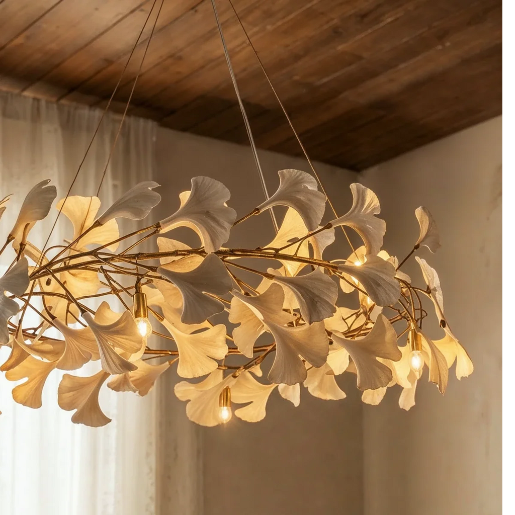 Clérachic ring chandelier of cream leaves on gold branches, with bare warm bulbs under a timber ceiling.