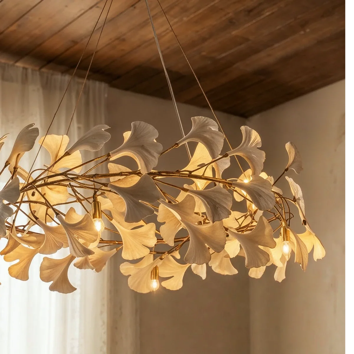 Clérachic ring chandelier of cream leaves on gold branches, with bare warm bulbs under a timber ceiling.