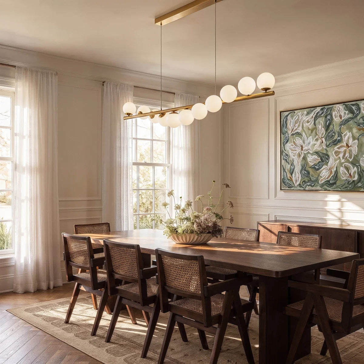 Clérachic gold bar chandelier with opal white globes hanging low over a dark wood dining table with cane-backed chairs.