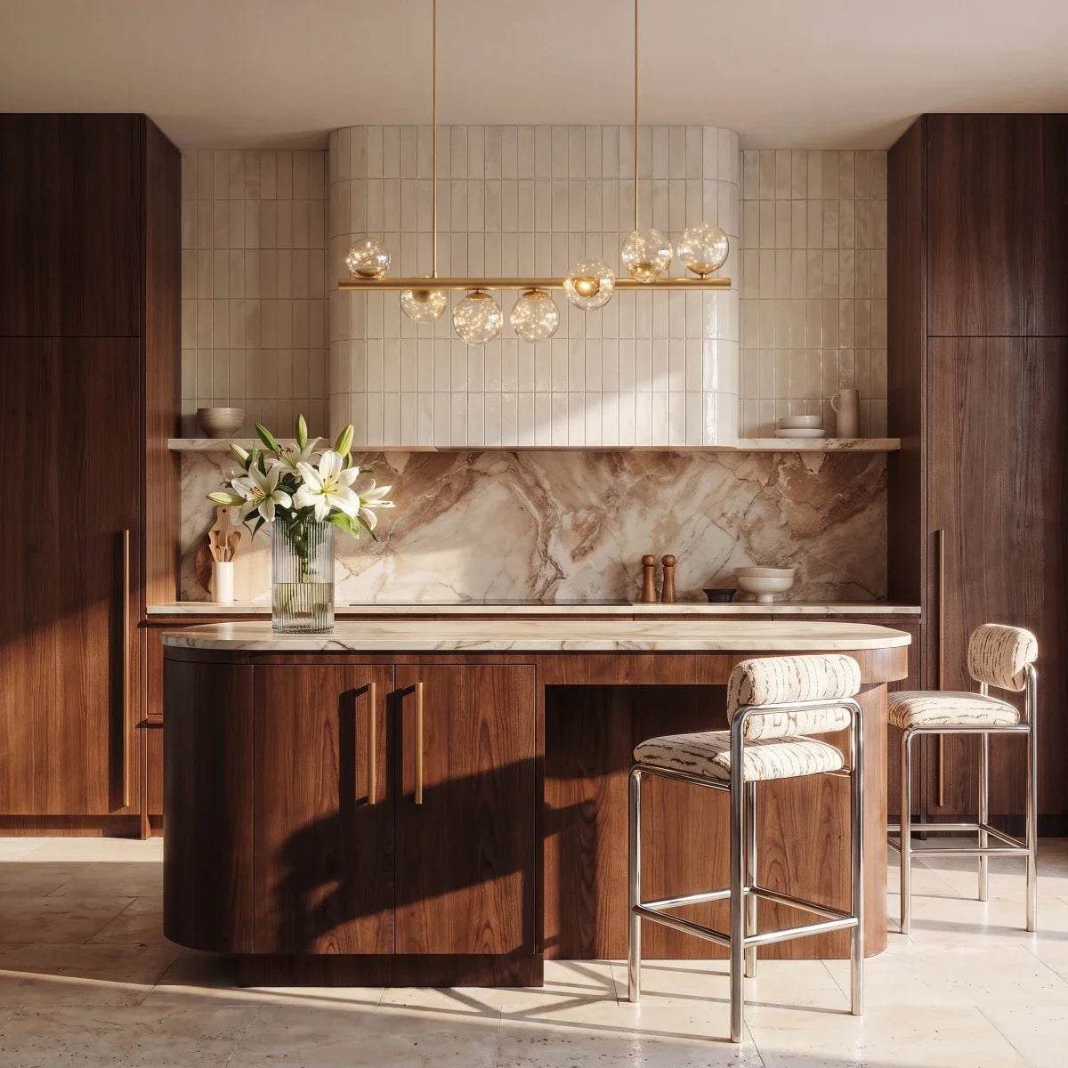 Clérachic gold bar chandelier with clear starry glass globes above a walnut kitchen island, marble splashback and tiled hood.