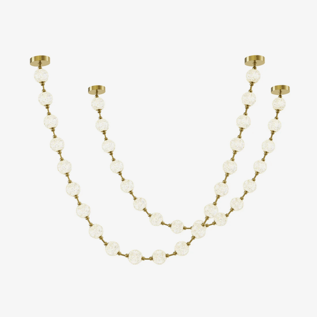 Gold-linked frosted spheres hang in two swags from small round ceiling plates, shown on a plain white backdrop for this Clérachic pendant.